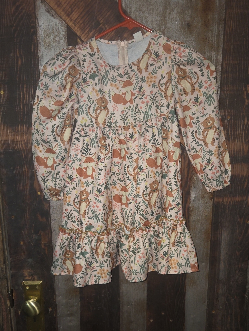 SHEIN Pink Floral & Fox Print Long Sleeve Ruffle Hem Dress